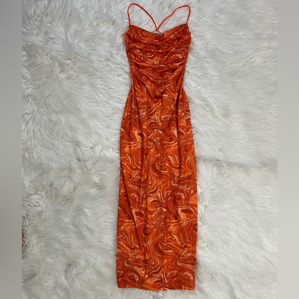 Women’s Orange Swirl Backess Dress - Picture 2 of 6